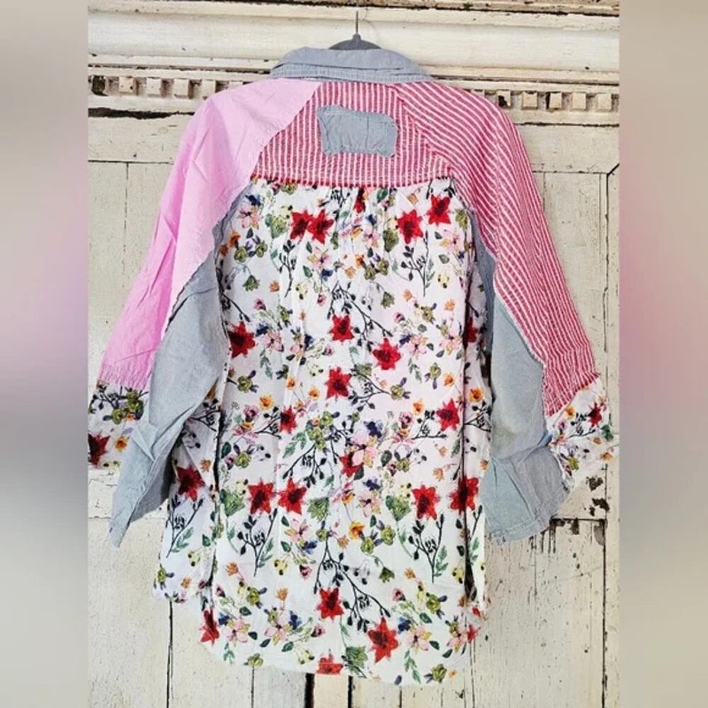 Pol Patchwork Button Down Shirt Boho Floral Shirt - image 4